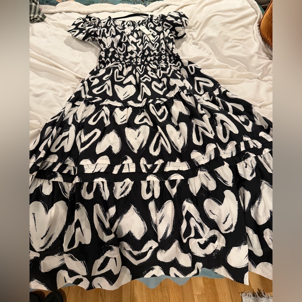 Anthropologie Maeve Somerset Black & White Heart Print Tiered Maxi Dress Medium - Picture 3 of 5